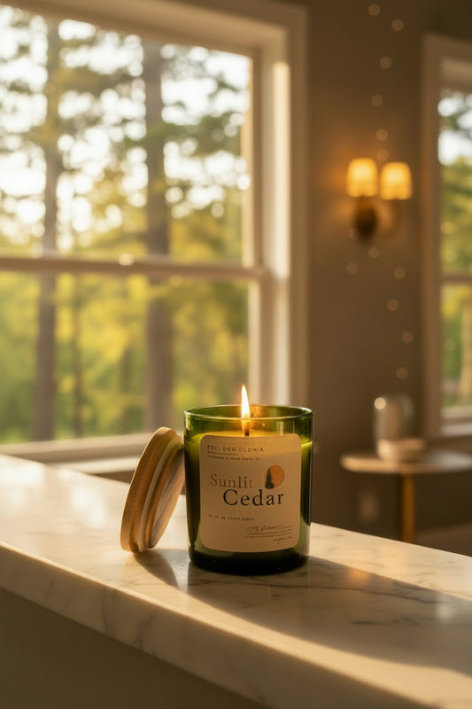 Candle labeled 'Sunlit Cedar' in a green glass jar on a wooden surface with a blurred natural background.