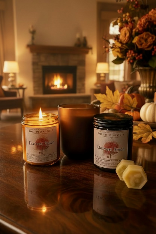 Two candles labeled 'Harvest Spice' on a wooden surface with a kitchen background.