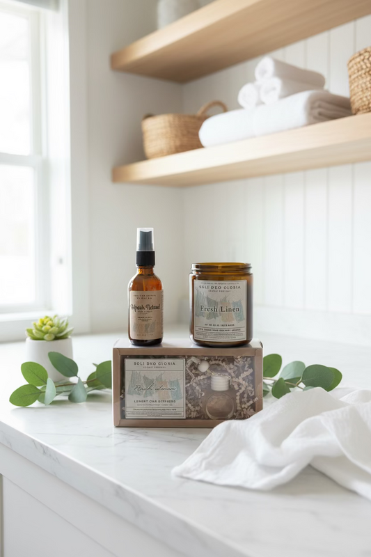Fresh Linen Gift Bundle – Natural, Candle, Linen & Room Spray, & Car Diffuser - All 100% Toxin-Free - Mothers Day