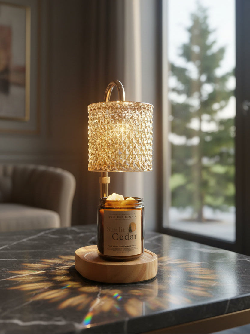 Decorative lamp with crystal shade on a table near a window with a view of trees