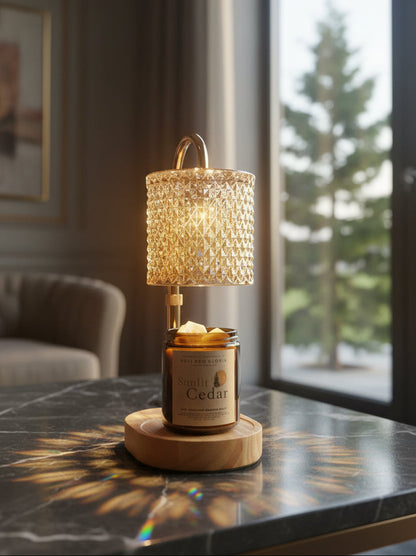 Decorative lamp with crystal shade on a table near a window with a view of trees