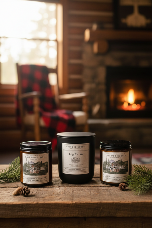 Log Cabin Beeswax Candle | Cozy Woodsy Fall & Winter Candle - Soli Deo Gloria Candle Company