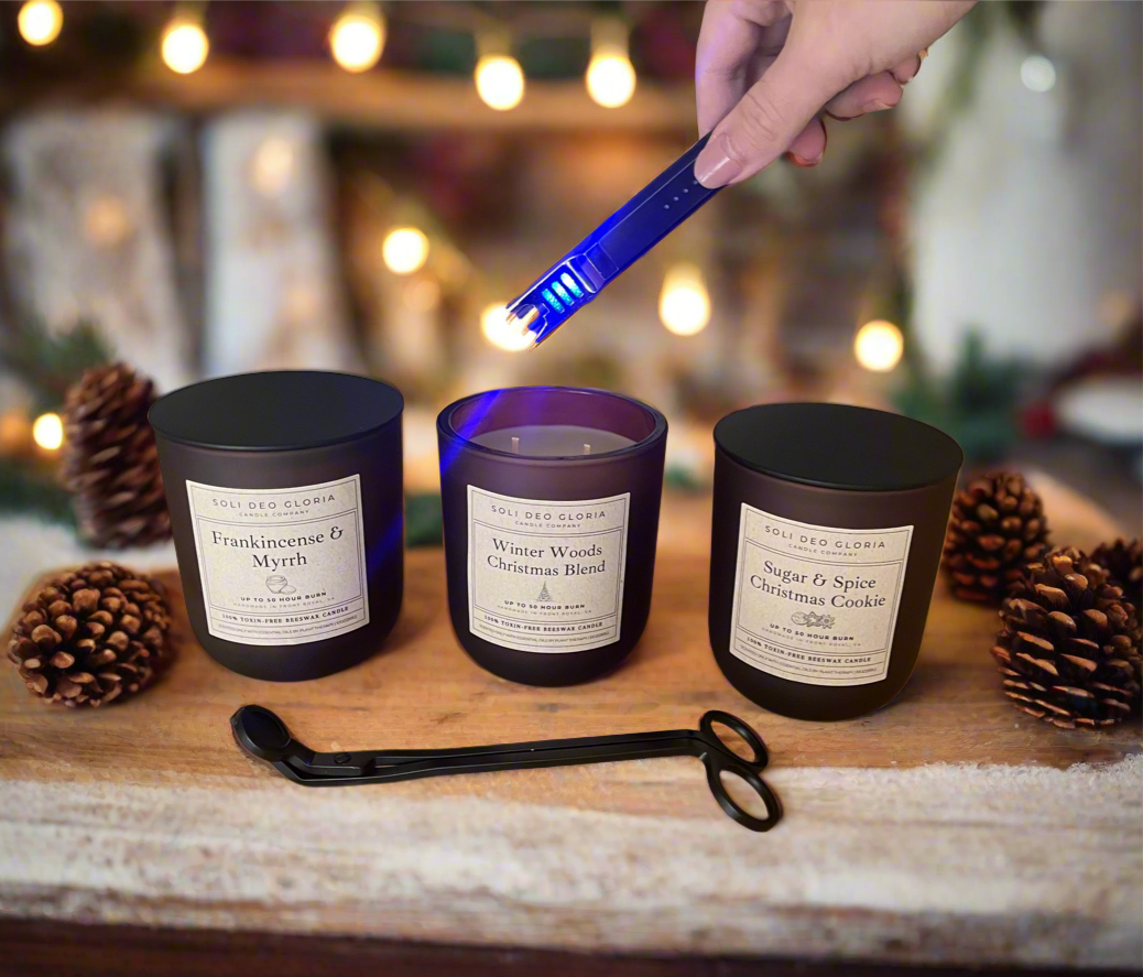 Winter Gift Set | 3 Pack + Wick Trimmer + Electric Lighter | Winter Woods, Christmas Cookie, Frank & Myrrh