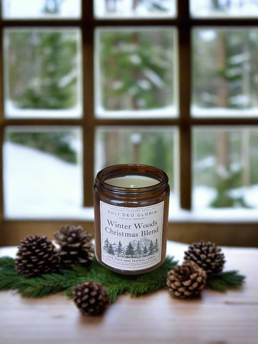 Candle labeled 'Winter Woods Christmas Blend' with pinecones and greenery on a windowsill.