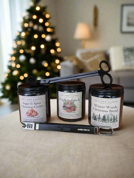 Winter Basic Beeswax Starter Set | 3 Pack + Wick Trimmer + Electric Lighter | Winter Woods, Christmas Cookie, Frank & Myrrh
