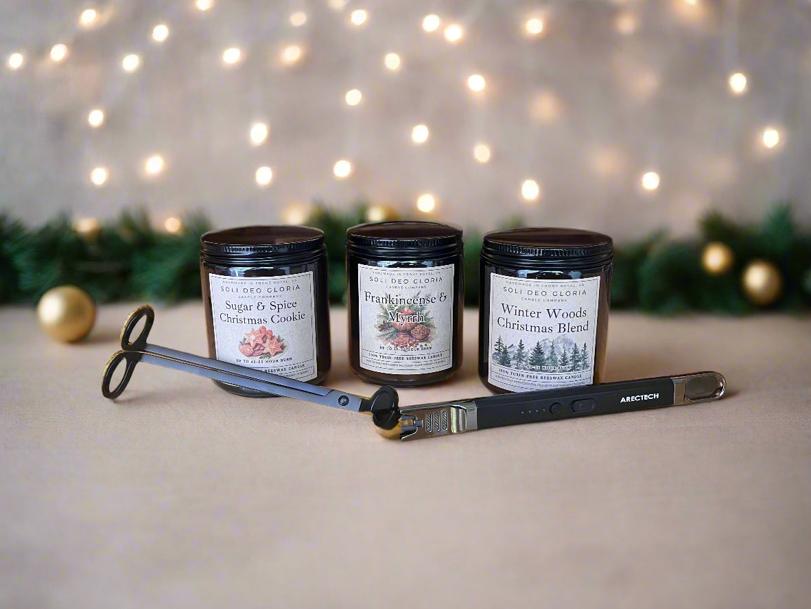 Winter Basic Beeswax Starter Set | 3 Pack + Wick Trimmer + Electric Lighter | Winter Woods, Christmas Cookie, Frank & Myrrh