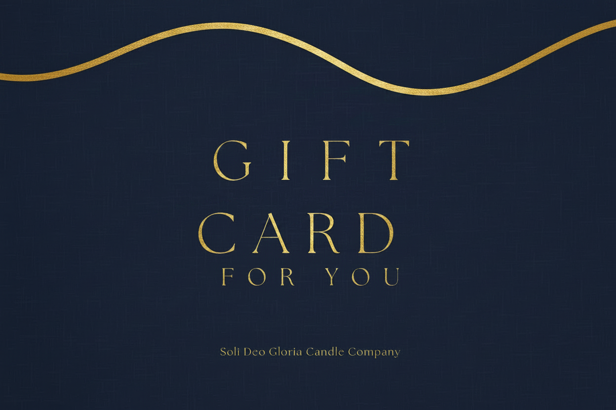A digital gift card from Soli Deo Gloria Candle Company with a minimalist white script on a green background.