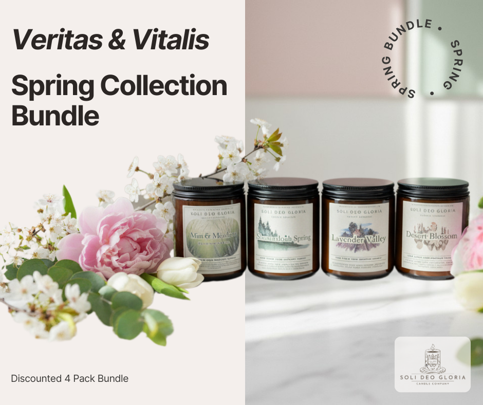 Veritas & Vitalis Spring Collection Bundle with candles and flowers on a white background