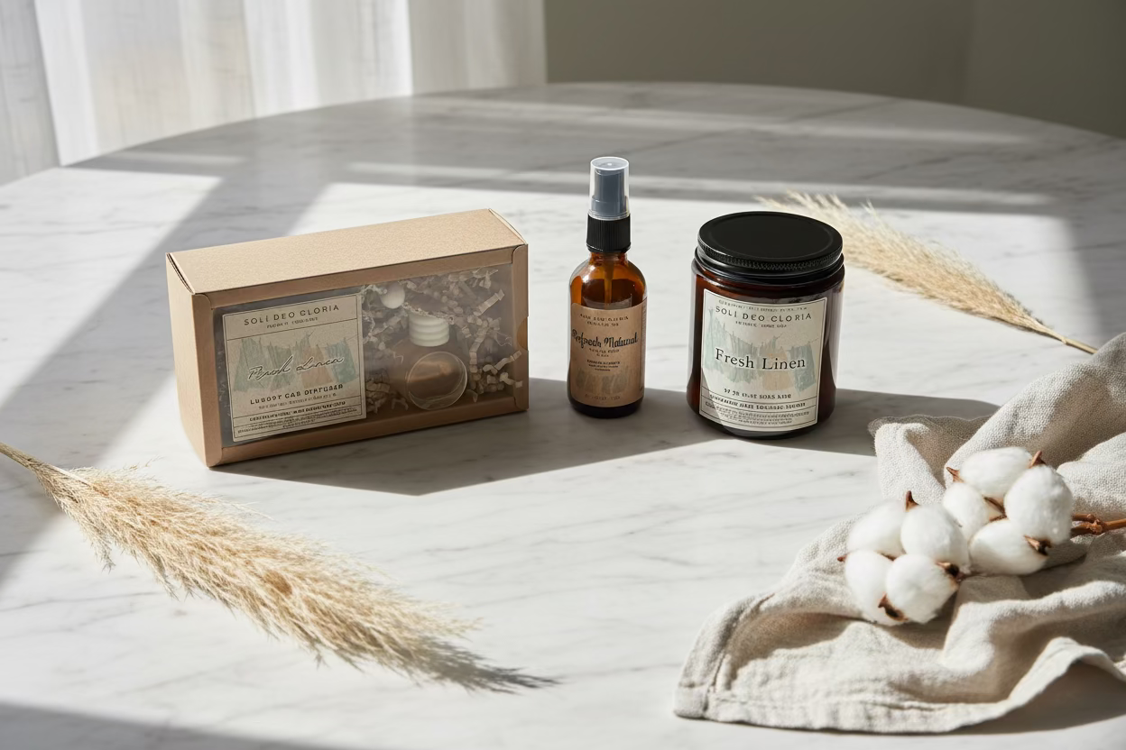 Fresh Linen Gift Bundle – Natural, Candle, Linen & Room Spray, & Car Diffuser - All 100% Toxin-Free - Mothers Day