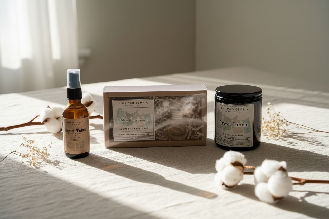 Fresh Linen Gift Bundle – Natural, Candle, Linen & Room Spray, & Car Diffuser - All 100% Toxin-Free - Mothers Day