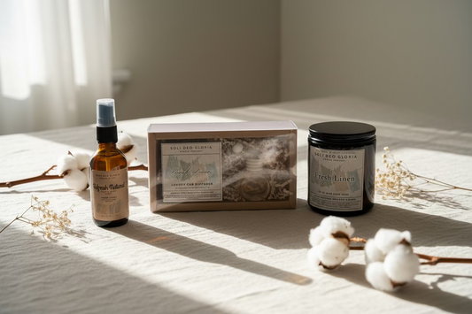 Fresh Linen Gift Bundle – Natural, Candle, Linen & Room Spray, & Car Diffuser - All 100% Toxin-Free - Mothers Day