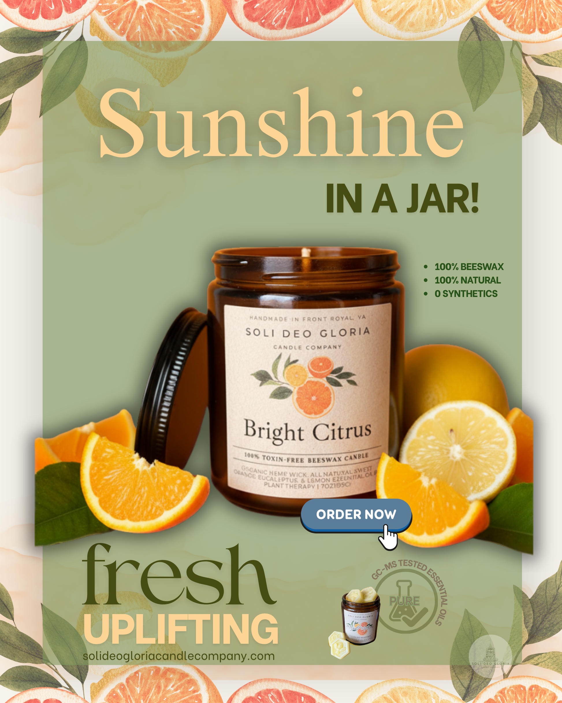 Bright Citrus | Natural Beeswax Candle with Organic Essential Oils