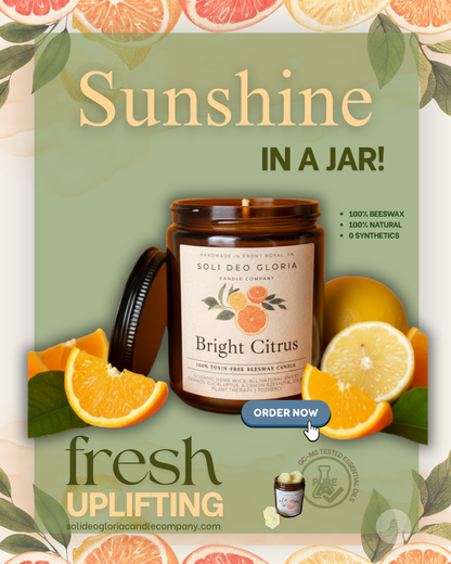 Bright Citrus | Natural Beeswax Candle with Organic Essential Oils - Soli Deo Gloria Candle Company