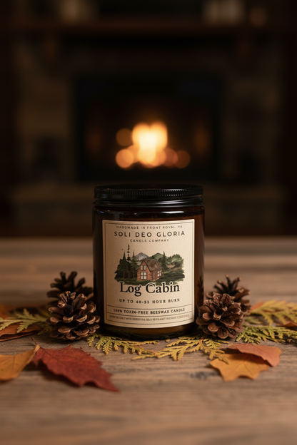Log Cabin Beeswax Candle | Cozy Woodsy Fall & Winter Candle - Soli Deo Gloria Candle Company