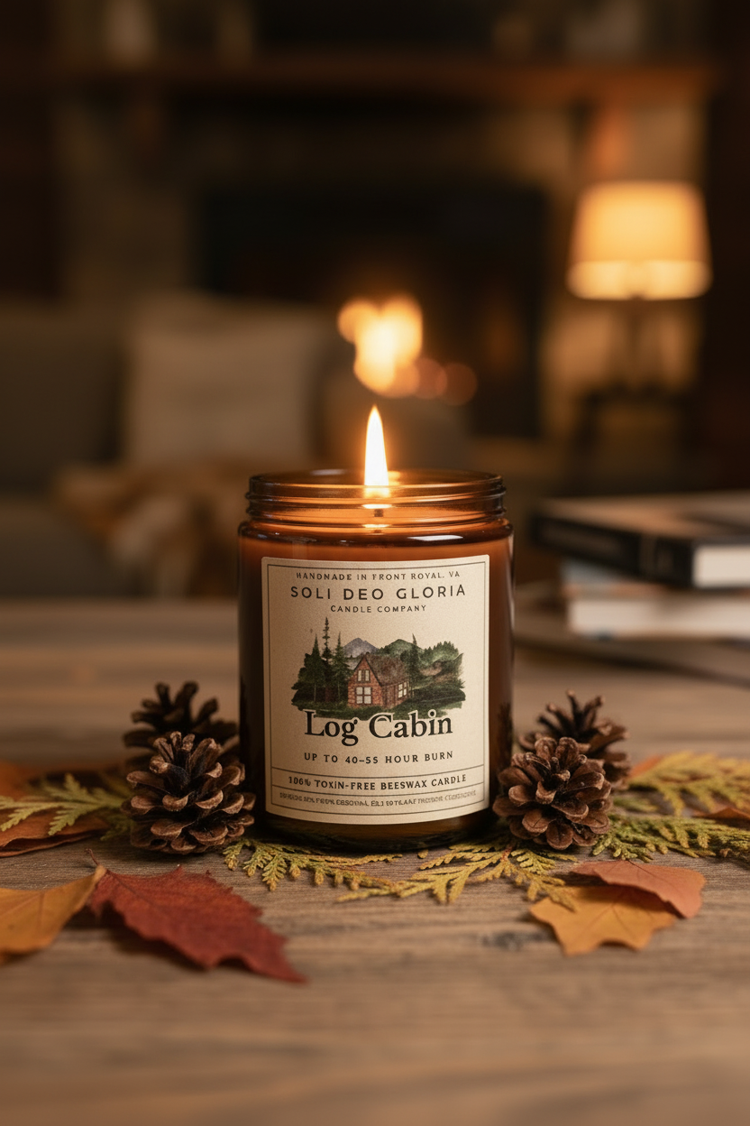 Log Cabin Beeswax Candle | Cozy Woodsy Fall & Winter Candle - Soli Deo Gloria Candle Company
