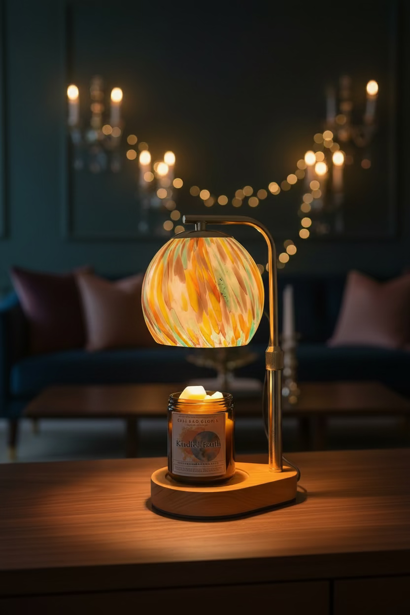 A glowing table lamp with a colorful marbled glass shade and a lit candle in a glass jar on a wooden base, placed on a tiled floor against a wall with an outlet.