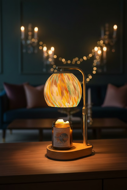 A glowing table lamp with a colorful marbled glass shade and a lit candle in a glass jar on a wooden base, placed on a tiled floor against a wall with an outlet.