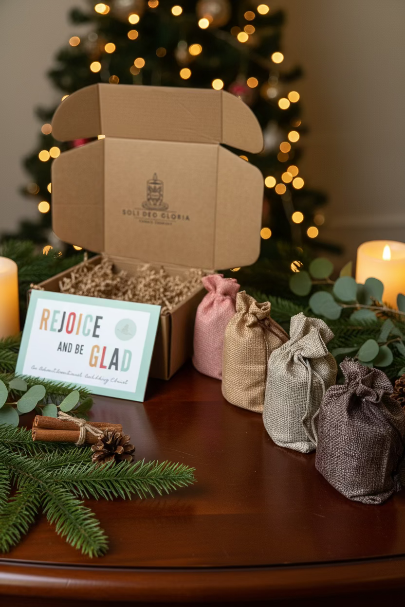 Four small drawstring pouches in natural, blush pink, taupe, and dark brown burlap are lined up on a white textured fabric surface next to an open kraft gift box with shredded paper filler and a 'ROJOICE AND BE GLAD' sign.