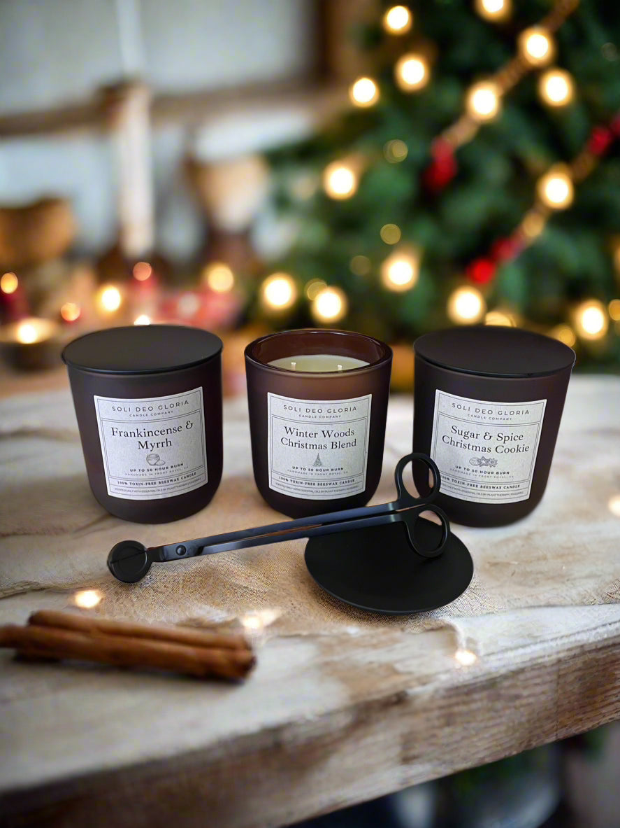 Winter Gift Set | 3 Pack + Wick Trimmer + Electric Lighter | Winter Woods, Christmas Cookie, Frank & Myrrh