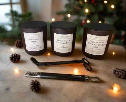 Winter Gift Set | 3 Pack + Wick Trimmer + Electric Lighter | Winter Woods, Christmas Cookie, Frank & Myrrh