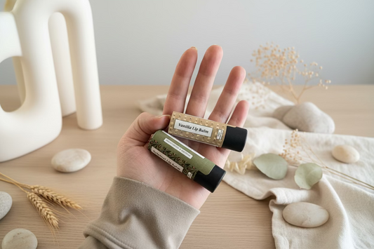 Two lip balms, one labeled 'Vanilla Lip Balm' and the other with a green label, held between fingers.