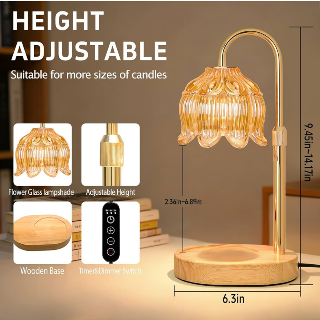 Height adjustable lamp with glass shade and wooden base on a neutral background