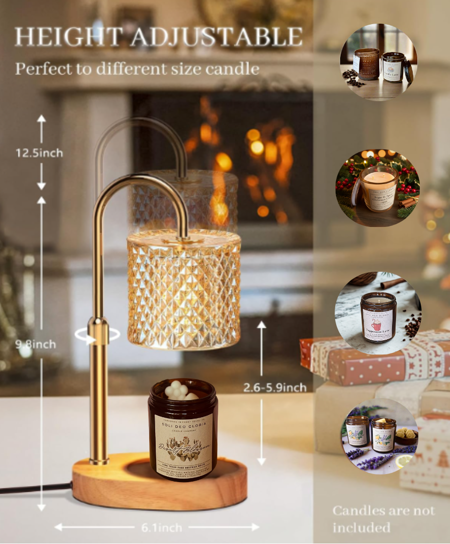 Height adjustable candle holder with measurements and decorative use examples.