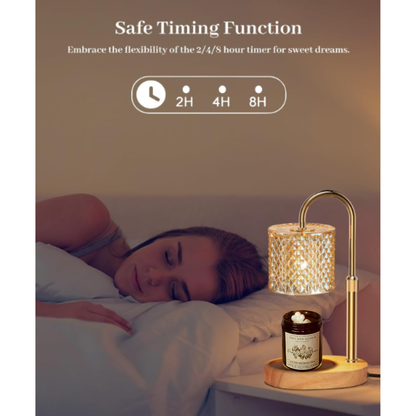 Woman sleeping in bed with a nightstand lamp and candle, emphasizing a 'Safe Timing Function' for sleep.