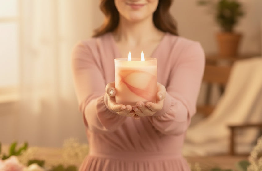 Woman holding a pink candle against a neutral background