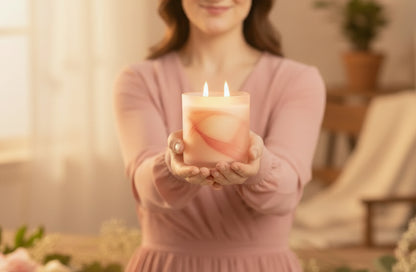 Woman holding a pink candle against a neutral background