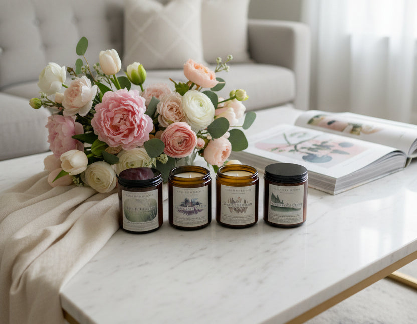 Four jars with labels on a wooden table, with a chair and books in the background.