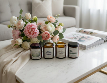 Four jars with labels on a wooden table, with a chair and books in the background.