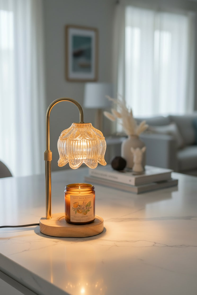 Glass lamp with a light bulb on a wooden table