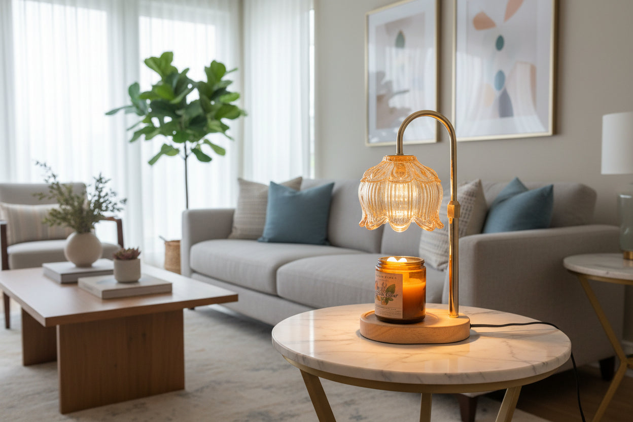 Living room with a candle lamp, candle, and decor items on a wooden coffee table.