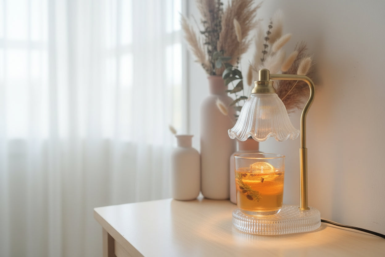 Decorative lamp with a glass container on a table, with light curtains in the background